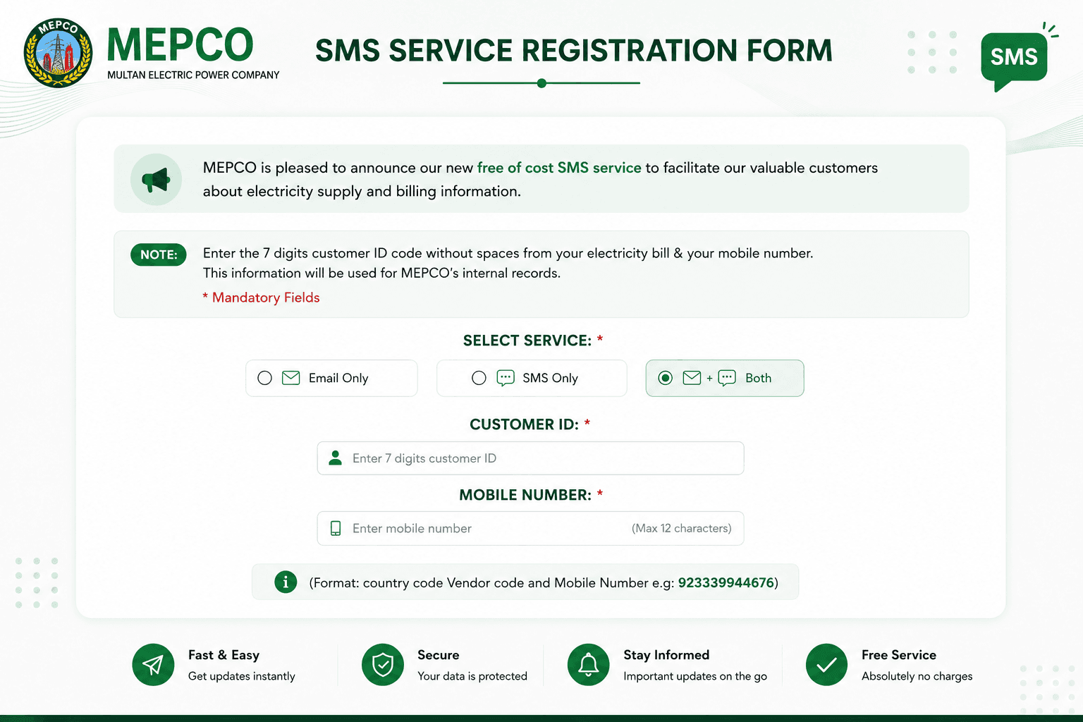 MEPCO SMS service registration form MEPCO SMS service registration form